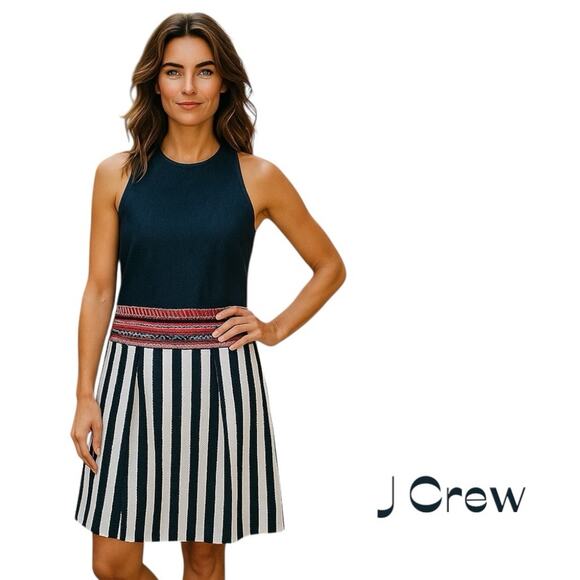 J Crew Navy White Denim Woven Aztec Whimsical Cottage Dress NWOT Size 6 - Picture 1 of 12